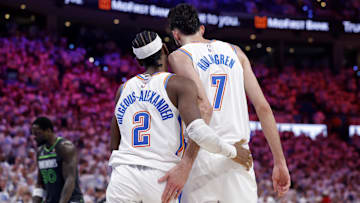 May 20, 2025; Oklahoma City, Oklahoma, USA; Oklahoma City Thunder guard Shai Gilgeous-Alexander (2) and forward Chet Holmgren (7) react after a play in the fourth quarter against the Minnesota Timberwolves during game one of the western conference finals for the 2025 NBA Playoffs at Paycom Center. Mandatory Credit: Alonzo Adams-Imagn Images