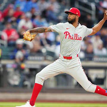 May 13, 2024; New York City, New York, USA; Philadelphia Phillies pitcher Christopher Sanchez (61) delivers a pitch against the New York Mets during the first inning at Citi Field.