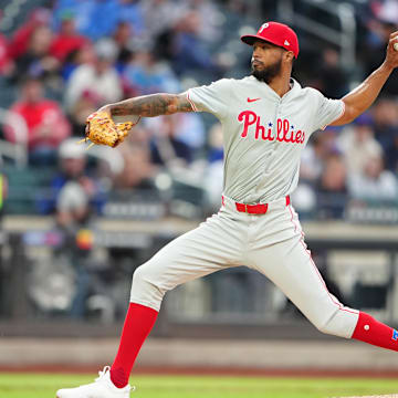 May 13, 2024; New York City, New York, USA; Philadelphia Phillies pitcher Christopher Sanchez (61) delivers a pitch against the New York Mets during the first inning at Citi Field. 