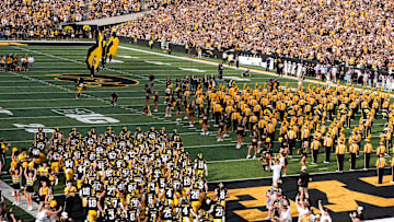 The Iowa Hawkeyes team takes the field against the Albany Great Danes during the Swarm Aug. 30, 2025 at Kinnick Stadium in Iowa City, Iowa.