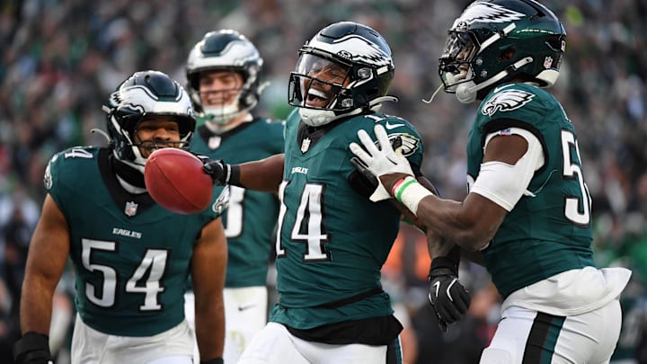Jan 26, 2025; Philadelphia, PA, USA; Philadelphia Eagles running back Kenneth Gainwell (14) celebrates after a fumble recovery during the first half in the NFC Championship game at Lincoln Financial Field. Mandatory Credit: Eric Hartline-Imagn Images