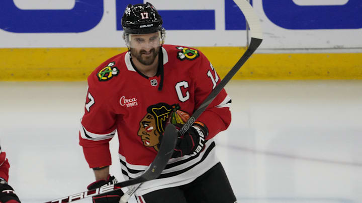 Mar 23, 2025; Chicago, Illinois, USA; Chicago Blackhawks left wing Nick Foligno (17) warms up before a game against the Philadelphia Flyers at United Center. Mandatory Credit: David Banks-Imagn Images