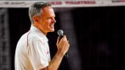 Aug 30, 2023; Lincoln, NE, USA; Nebraska Cornhuskers head coach John Cook speaks to the crowd after defeating the Omaha Mavericks at Memorial Stadium.