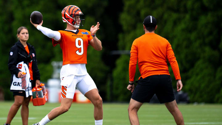 Cincinnati Bengals quarterback Joe Burrow (9) throws a pass at Cincinnati Bengals training camp on the Kettering Health Practice Fields in Cincinnati on Sunday, July 28, 2024.