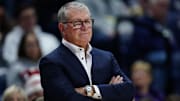 Dec 7, 2025; Storrs, Connecticut, USA; UConn Huskies head coach Geno Auriemma watches from the sideline as they take on the DePaul Blue Demons at Harry A. Gampel Pavilion. Mandatory Credit: David Butler II-Imagn Images
