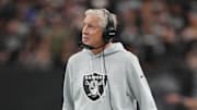 Nov 23, 2025; Paradise, Nevada, USA; Las Vegas Raiders head coach Pete Carroll looks on in the first half against the Cleveland Browns at Allegiant Stadium. Mandatory Credit: Kirby Lee-Imagn Images