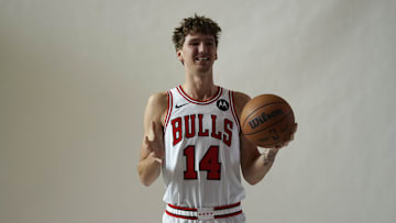 Sep 29, 2025; Chicago, IL, USA; Chicago Bulls forward Matas Buzelis (14) poses for photos during Chicago Bulls Media Day. Mandatory Credit: David Banks-Imagn Images