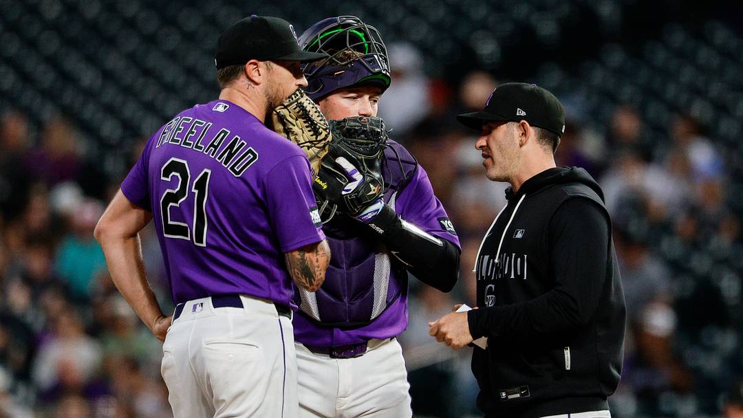Rockies starting pitcher Kyle Freeland (21) and catcher Hunter Goodman (15) talk with pitching coach Alon Leichman. Credit: Isaiah J. Downing-Imagn Rockies starting pitcher Kyle Freeland (21) and catcher Hunter Goodman (15) talk with pitching coach Alon Leichman. Credit: Isaiah J. Downing-Imagn
