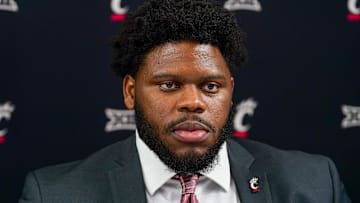 Jul 8, 2025; Frisco, TX, USA; Cincinnati defensive lineman Dontay Corleone answers questions from the media during 2025 Big 12 Football Media Days at The Star. Mandatory Credit: Raymond Carlin III-Imagn Images