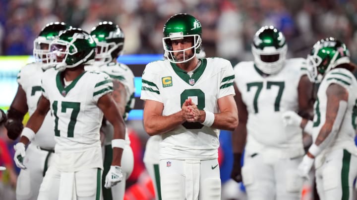 New York Jets QB Aaron Rodgers during the 2023 season opener.