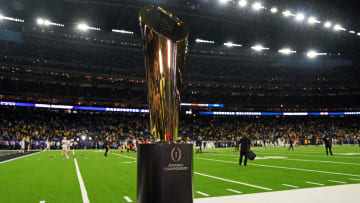 Jan 8, 2024; Houston, TX, USA; A view of the CFP Trophy before the 2024 College Football Playoff national championship game between the Michigan Wolverines and the Washington Huskies at NRG Stadium. Mandatory Credit: Kirby Lee-USA TODAY Sports