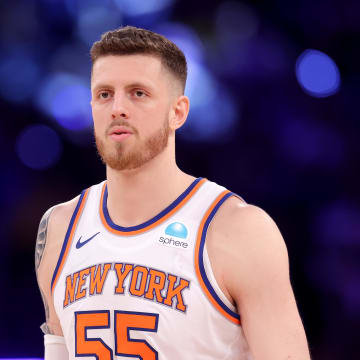 May 19, 2024; New York, New York, USA; New York Knicks center Isaiah Hartenstein (55) reacts during the third quarter of game seven of the second round of the 2024 NBA playoffs against the Indiana Pacers at Madison Square Garden. Mandatory Credit: Brad Penner-USA TODAY Sports