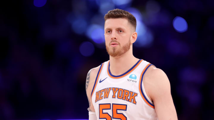 May 19, 2024; New York, New York, USA; New York Knicks center Isaiah Hartenstein (55) reacts during the third quarter of game seven of the second round of the 2024 NBA playoffs against the Indiana Pacers at Madison Square Garden. Mandatory Credit: Brad Penner-USA TODAY Sports