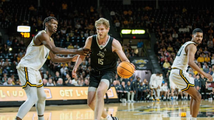 Mar 2, 2024; Wichita, Kansas, USA; Rice Owls forward Max Fiedler (15) drives to the basket during the second half against the Wichita State Shockers at Charles Koch Arena. Mandatory Credit: William Purnell-USA TODAY Sports