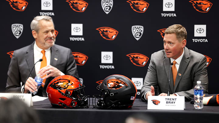 Trent Bray is formally introduced as Oregon State football   s head coach during a press conference on Wednesday, Nov. 29, 2023 at Oregon State University in Corvallis, Ore.