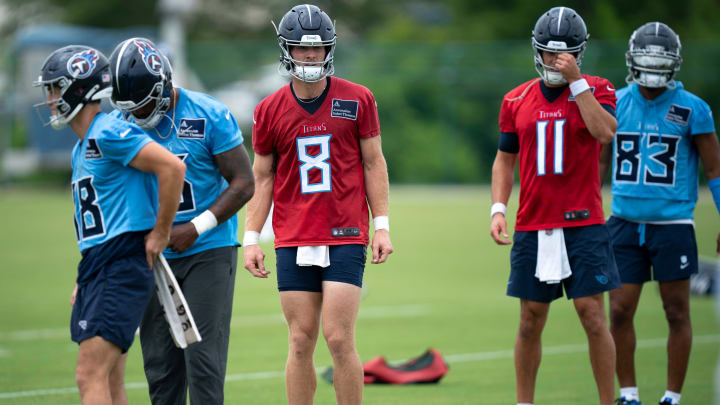 Quarterbacks Will Levis (8) and Mason Rudolph (11) run through warmup drills during the Tennessee Titans mandatory mini-camp at Ascension Saint Thomas Sports Park in Nashville, Tenn., Wednesday, June 5, 2024.