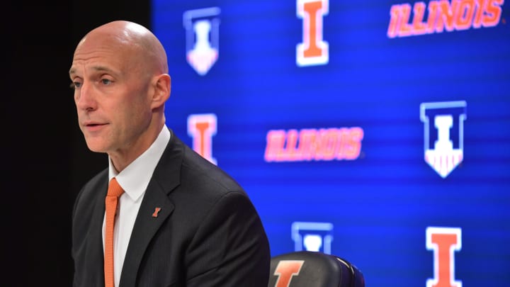 Dec 29, 2023; Champaign, Illinois, USA; Josh Whitman, Director of Athletics at the University of Illinois, addresses the media over the suspension of player Terrence Shannon Jr. after a rape charge on Dec.5. The address to the media came  before a game with Fairleigh Dickinson at State Farm Center. 