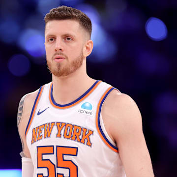 May 19, 2024; New York, New York, USA; New York Knicks center Isaiah Hartenstein (55) reacts during the third quarter of game seven of the second round of the 2024 NBA playoffs against the Indiana Pacers at Madison Square Garden. Mandatory Credit: Brad Penner-Imagn Images