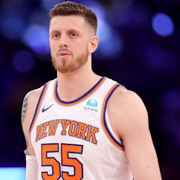 May 19, 2024; New York, New York, USA; New York Knicks center Isaiah Hartenstein (55) reacts during the third quarter of game seven of the second round of the 2024 NBA playoffs against the Indiana Pacers at Madison Square Garden. Mandatory Credit: Brad Penner-Imagn Images