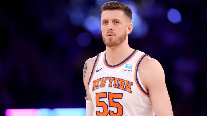 May 19, 2024; New York, New York, USA; New York Knicks center Isaiah Hartenstein (55) reacts during the third quarter of game seven of the second round of the 2024 NBA playoffs against the Indiana Pacers at Madison Square Garden. Mandatory Credit: Brad Penner-USA TODAY Sports