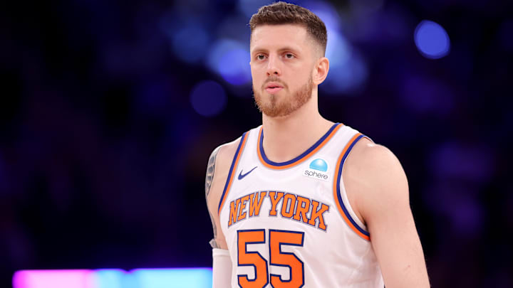 May 19, 2024; New York, New York, USA; New York Knicks center Isaiah Hartenstein (55) reacts during the third quarter of game seven of the second round of the 2024 NBA playoffs against the Indiana Pacers at Madison Square Garden. Mandatory Credit: Brad Penner-Imagn Images