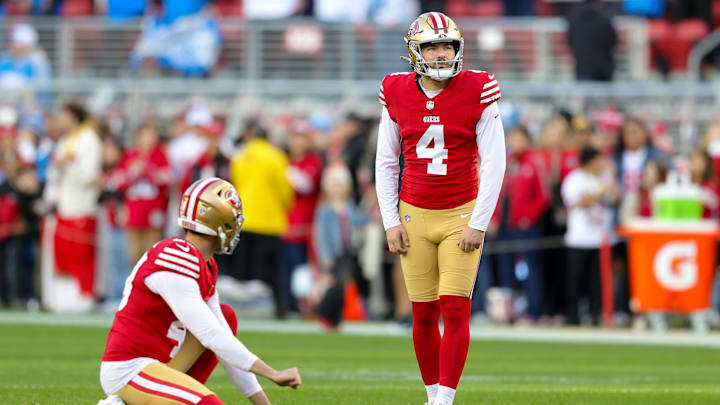 Dec 30, 2024; Santa Clara, California, USA; San Francisco 49ers place kicker Jake Moody (4) before the game against the Detroit Lions at Levi's Stadium. Mandatory Credit: Sergio Estrada-Imagn Images