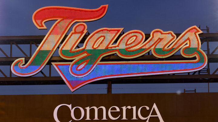 Jun 1, 2022; Detroit, Michigan, USA; The scoreboard displays the Tigers logo in rainbow colors for pride month during the game between the Detroit Tigers and the Minnesota Twins at Comerica Park. 