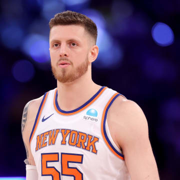May 19, 2024; New York, New York, USA; New York Knicks center Isaiah Hartenstein (55) reacts during the third quarter of game seven of the second round of the 2024 NBA playoffs against the Indiana Pacers at Madison Square Garden. Mandatory Credit: Brad Penner-USA TODAY Sports