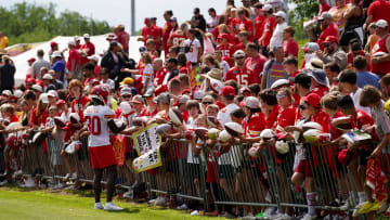 Jul 24, 2023; St. Joseph, MO, USA; Kansas City Chiefs cornerback Dicaprio Bootle (30) signs autographs for fans after training camp at Missouri Western State University. Mandatory Credit: Denny Medley-USA TODAY Sports