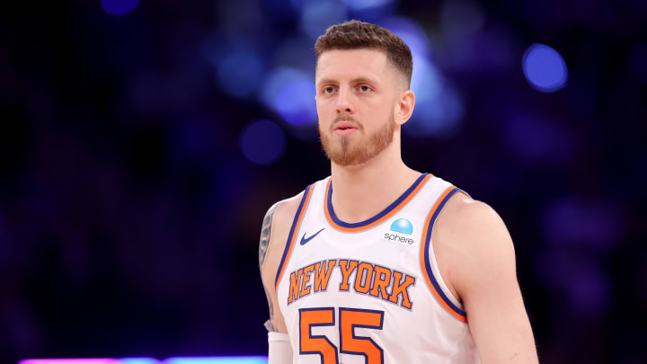 May 19, 2024; New York, New York, USA; New York Knicks center Isaiah Hartenstein (55) reacts during the third quarter of game seven of the second round of the 2024 NBA playoffs against the Indiana Pacers at Madison Square Garden. Mandatory Credit: Brad Penner-USA TODAY Sports