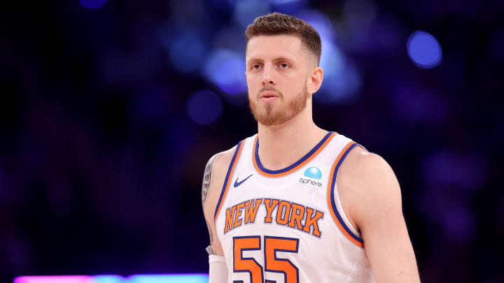 May 19, 2024; New York, New York, USA; New York Knicks center Isaiah Hartenstein (55) reacts during the third quarter of game seven of the second round of the 2024 NBA playoffs against the Indiana Pacers at Madison Square Garden. Mandatory Credit: Brad Penner-USA TODAY Sports