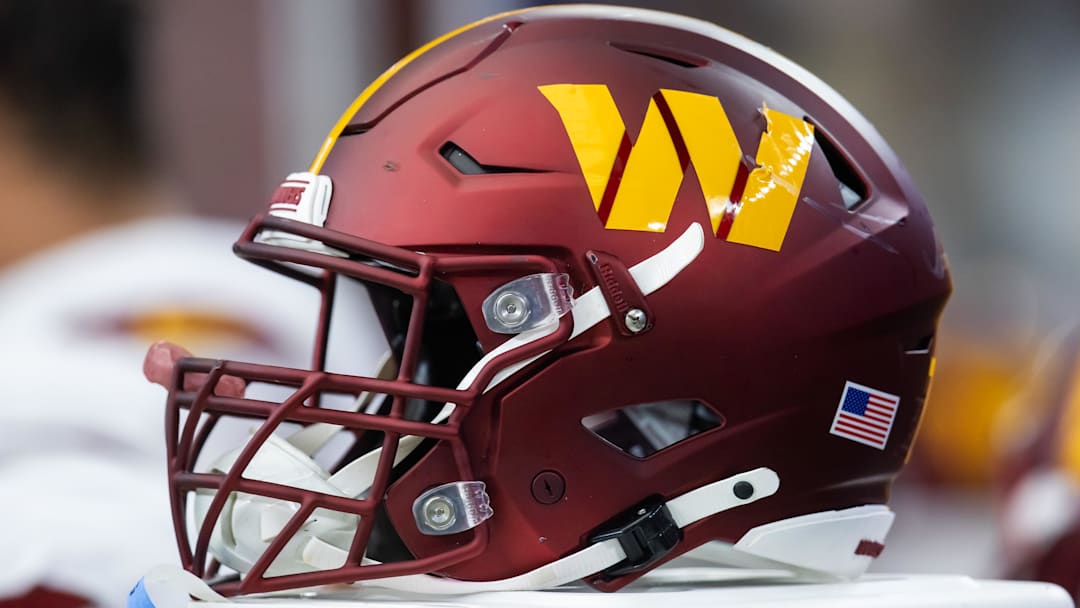 Sep 29, 2024; Glendale, Arizona, USA; Detailed view of a Washington Commanders helmet at State Farm Stadium. Mandatory Credit: Mark J. Rebilas-Imagn Images