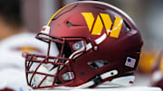 Sep 29, 2024; Glendale, Arizona, USA; Detailed view of a Washington Commanders helmet at State Farm Stadium. Mandatory Credit: Mark J. Rebilas-Imagn Images