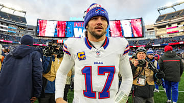 Jan 5, 2025; Foxborough, Massachusetts, USA; Buffalo Bills quarterback Josh Allen (17) on the field after the game against the New England Patriots at Gillette Stadium. Mandatory Credit: David Butler II-Imagn Images
