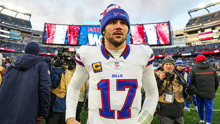 Jan 5, 2025; Foxborough, Massachusetts, USA; Buffalo Bills quarterback Josh Allen (17) on the field after the game against the New England Patriots at Gillette Stadium. Mandatory Credit: David Butler II-Imagn Images Jan 5, 2025; Foxborough, Massachusetts, USA; Buffalo Bills quarterback Josh Allen (17) on the field after the game against the New England Patriots at Gillette Stadium. Mandatory Credit: David Butler II-Imagn Images