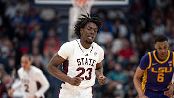 Mississippi State Bulldogs center Michael Nwoko (23) heads up court after a basket against the LSU Tigers during their first round game of the SEC Men's Basketball Tournament at Bridgestone Arena in Nashville, Tenn., Wednesday, March 12, 2025.