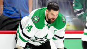 May 17, 2024; Denver, Colorado, USA; Dallas Stars left wing Jamie Benn (14) before the game against the Colorado Avalanche in game six of the second round of the 2024 Stanley Cup Playoffs at Ball Arena. Mandatory Credit: Ron Chenoy-USA TODAY Sports