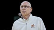 Jan 10, 2024; Coral Gables, Florida, USA; Miami Hurricanes head coach Jim Larranaga looks on after the game against the Louisville Cardinals at Watsco Center. Mandatory Credit: Sam Navarro-Imagn Images