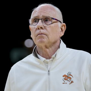 Jan 10, 2024; Coral Gables, Florida, USA; Miami Hurricanes head coach Jim Larranaga looks on after the game against the Louisville Cardinals at Watsco Center. Mandatory Credit: Sam Navarro-USA TODAY Sports