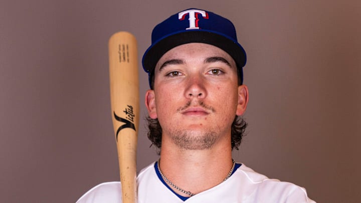 Feb 17, 2026; Surprise, AZ, USA; Texas Rangers infielder Cameron Cauley during media day at Surprise Sports Complex. Mandatory Credit: Arianna Grainey-Imagn Images
