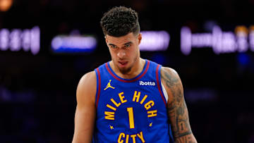 Jan 31, 2025; Philadelphia, Pennsylvania, USA; Denver Nuggets forward Michael Porter Jr (1) looks on against the Philadelphia 76ers in the third quarter at Wells Fargo Center. Mandatory Credit: Kyle Ross-Imagn Images