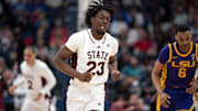 Mississippi State Bulldogs center Michael Nwoko (23) heads up court after a basket against the LSU Tigers during their first round game of the SEC Men's Basketball Tournament at Bridgestone Arena in Nashville, Tenn., Wednesday, March 12, 2025.