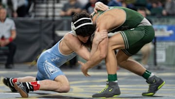 Christian Brothers Academy’s Paul Kenny, left, defeats Delbarton’s Tommy Marchetti in a semifinal 120lb match during day two of the NJSIAA individual wrestling state championships at Boardwalk Hall in Atlantic City on Friday, March 7, 2025.