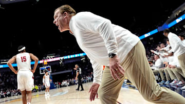 Nov 20, 2024; Birmingham, AL, USA; Illinois head coach Brad Underwood yells at officials during the game with Alabama in the CM Newton Classic at Legacy Arena. Mandatory Credit: Gary Cosby Jr.-Tuscaloosa News