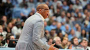 Jan 25, 2025; Chapel Hill, North Carolina, USA;  North Carolina Tar Heels head coach Hubert Davis reacts in the first half at Dean E. Smith Center. Mandatory Credit: Bob Donnan-Imagn Images