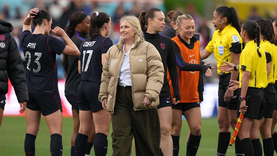United States head coach Emma Hayes on the pitch. 