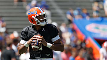 Apr 12, 2025; Gainesville, FL, USA; Florida Gators quarterback DJ Lagway (2) looks to throw before the game at Ben Hill Griffin Stadium. Mandatory Credit: Matt Pendleton-Imagn Images