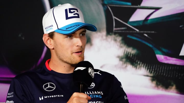 May 2, 2024; Miami Gardens, Florida, USA;  Williams driver Logan Sargeant (2) addresses the media in advance of the Miami Grand Prix at the Miami International Autodrome. Mandatory Credit: John David Mercer-USA TODAY Sports