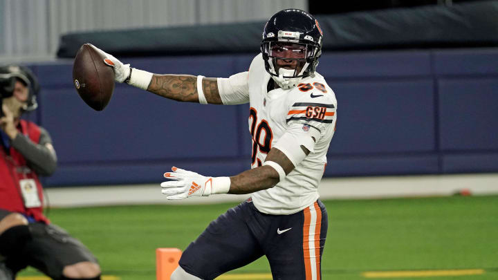 Oct 26, 2020; Inglewood, California, USA; Chicago Bears free safety Eddie Jackson (39) scores a touchdown from a fumble against the Los Angeles Rams during the second half at SoFi Stadium. Mandatory Credit: Kirby Lee-USA TODAY Sports