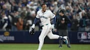 Oct 10, 2025; Seattle, Washington, USA; Seattle Mariners second baseman Jorge Polanco (7) hits a walk off single against the Detroit Tigers during the fifteenth inning during game five of the ALDS round for the 2025 MLB playoffs at T-Mobile Park.